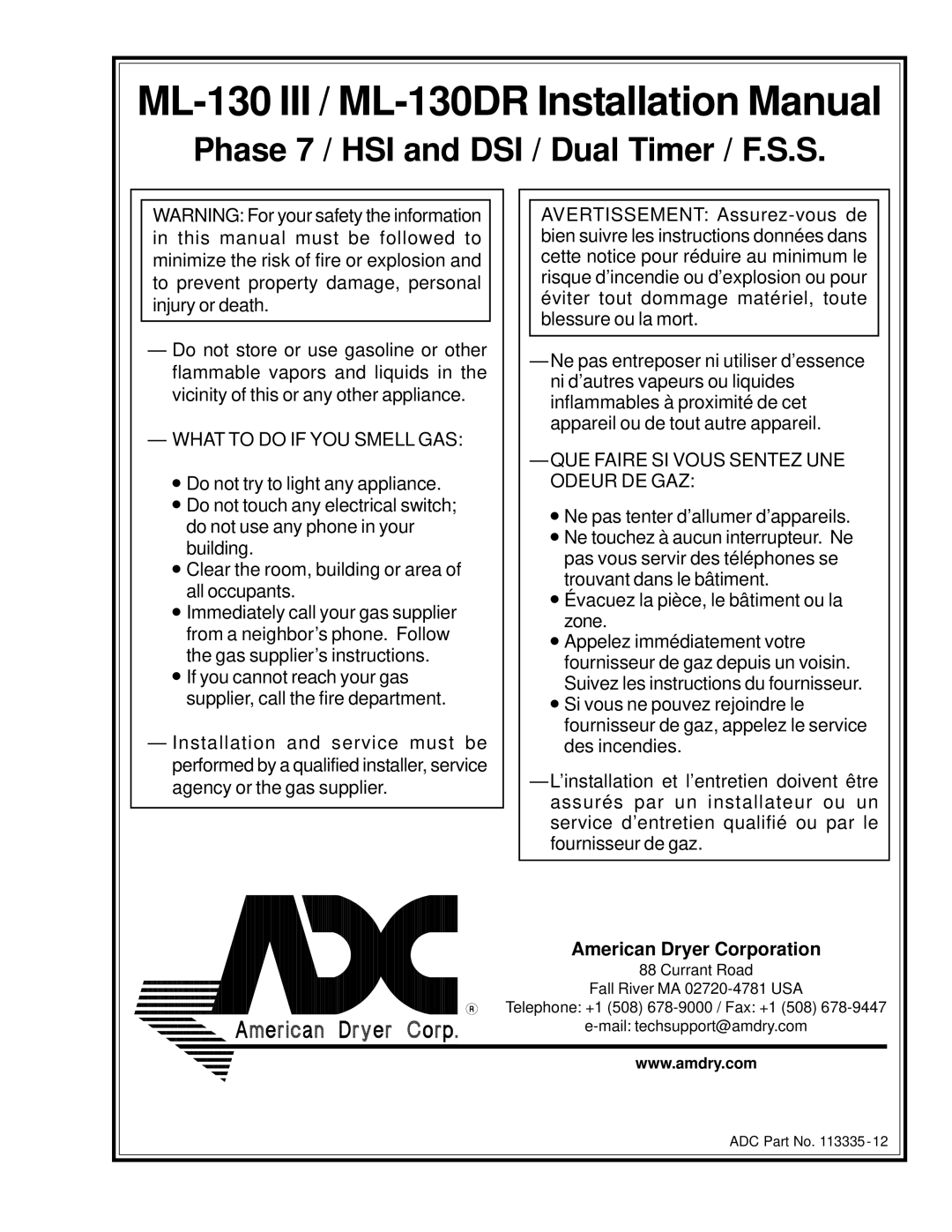 American Dryer Corp installation manual ML-130 III / ML-130DR Installation Manual, American Dryer Corporation 