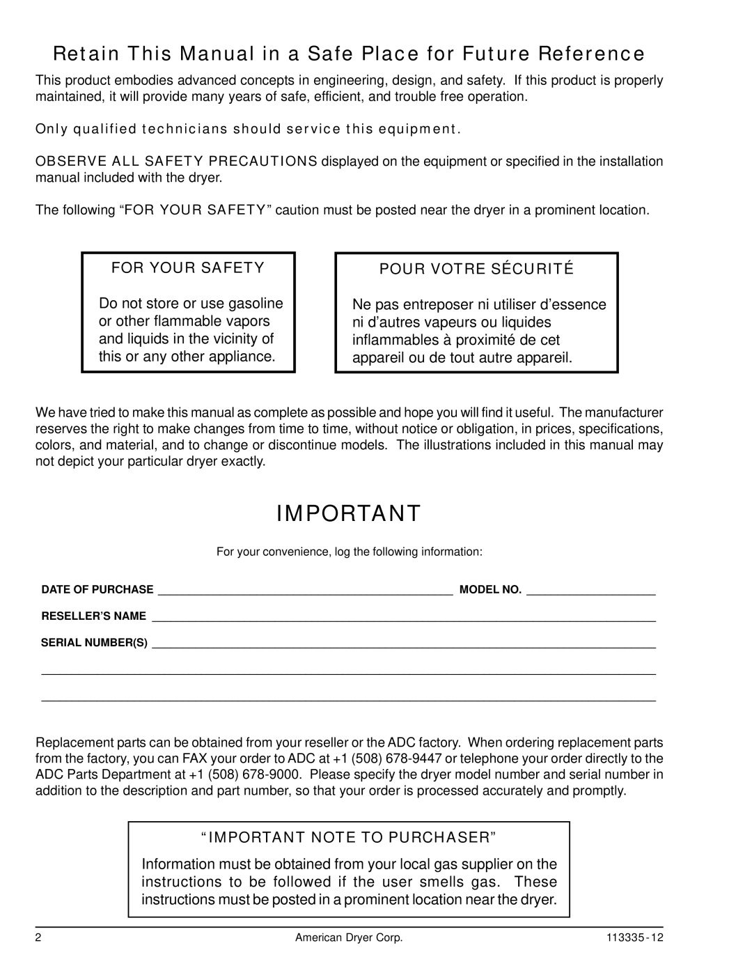 American Dryer Corp ML-130 III, ML-130DR installation manual Retain This Manual in a Safe Place for Future Reference 