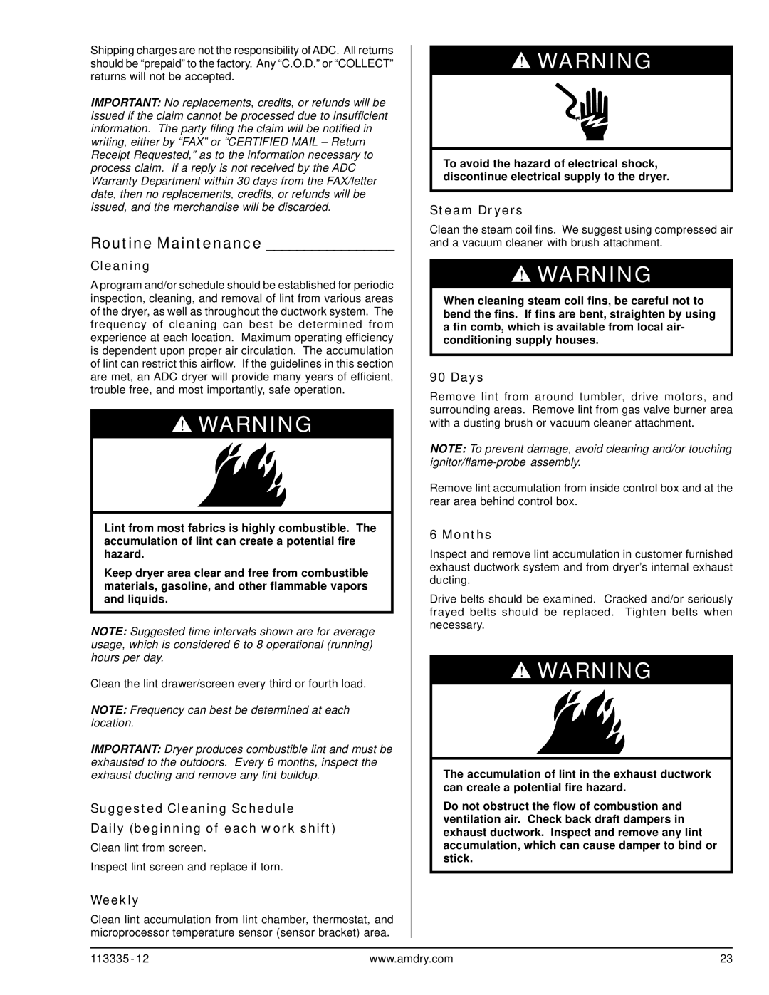 American Dryer Corp ML-130DR, ML-130 III installation manual Routine Maintenance 