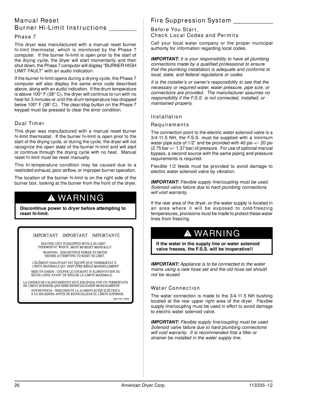 American Dryer Corp ML-130 III, ML-130DR Manual Reset Burner Hi-Limit Instructions, Fire Suppression System 