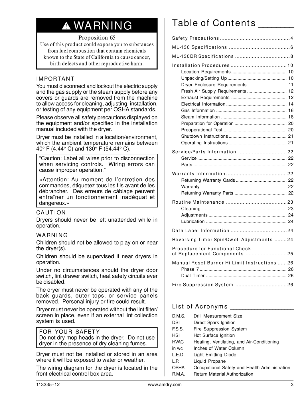 American Dryer Corp ML-130DR, ML-130 III installation manual Table of Contents 