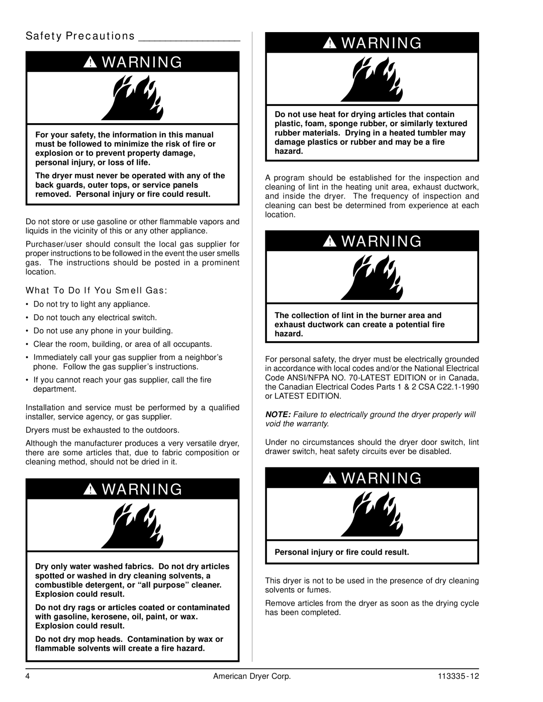 American Dryer Corp ML-130 III Safety Precautions, What To Do If You Smell Gas, Personal injury or fire could result 