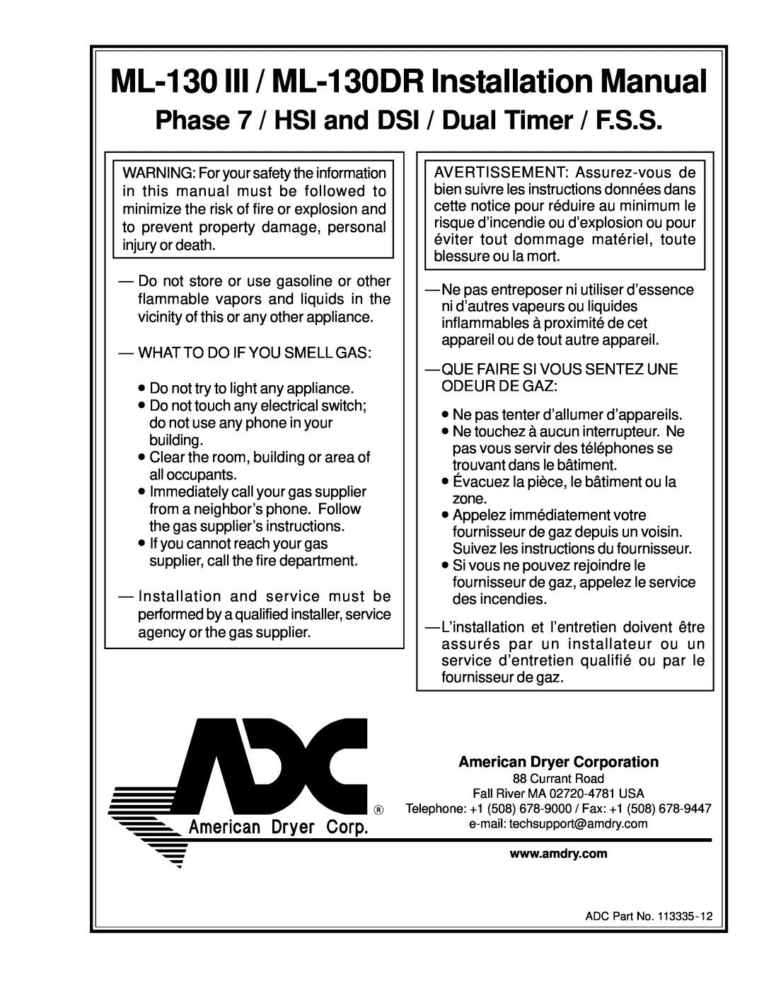 American Dryer Corp installation manual American Dryer Corporation, ML-130 III / ML-130DR Installation Manual 