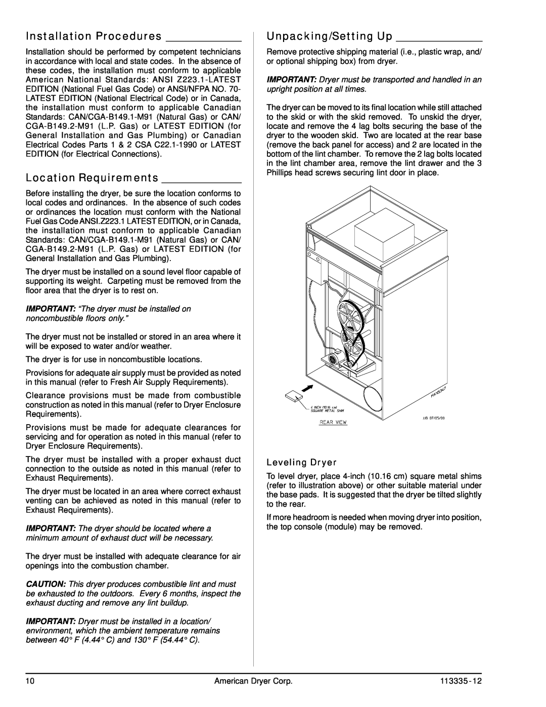American Dryer Corp ML-130 III Installation Procedures, Location Requirements, Unpacking/Setting Up, Leveling Dryer 