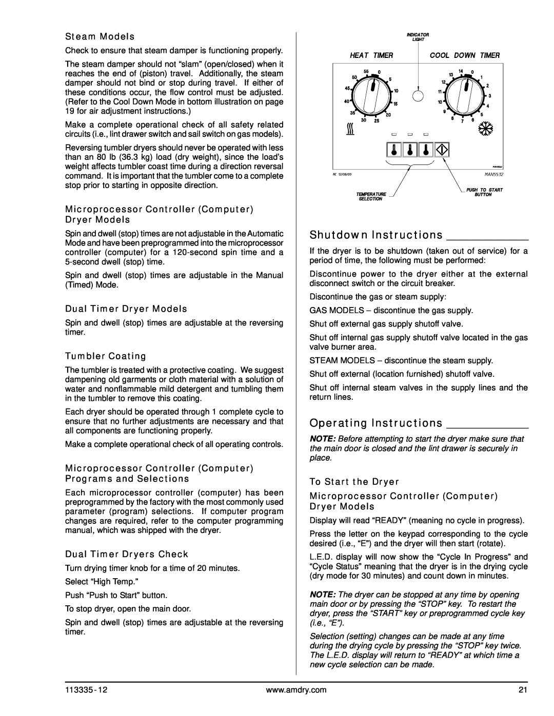 American Dryer Corp ML-130DR Shutdown Instructions, Operating Instructions, Steam Models, Dual Timer Dryer Models 