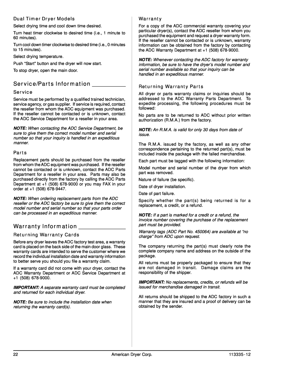 American Dryer Corp ML-130 III, ML-130DR Service/Parts Information, Warranty Information, Dual Timer Dryer Models 