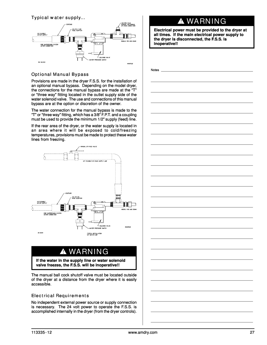 American Dryer Corp ML-130DR, ML-130 III Typical water supply Optional Manual Bypass, Electrical Requirements 
