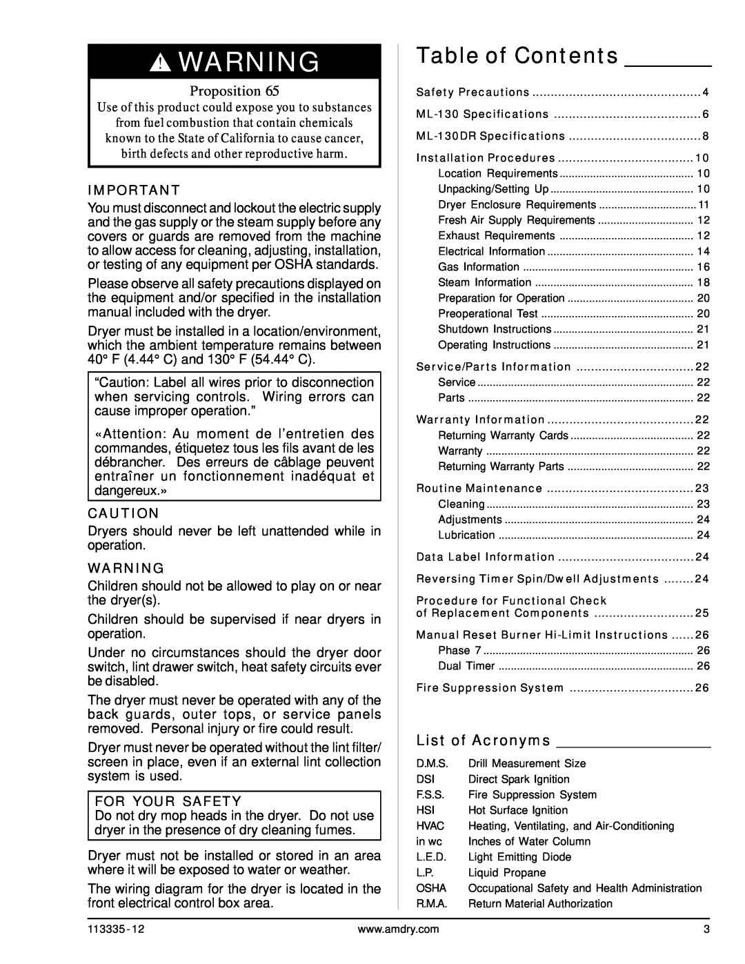 American Dryer Corp ML-130DR, ML-130 III List of Acronyms, Table of Contents, Proposition, For Your Safety 