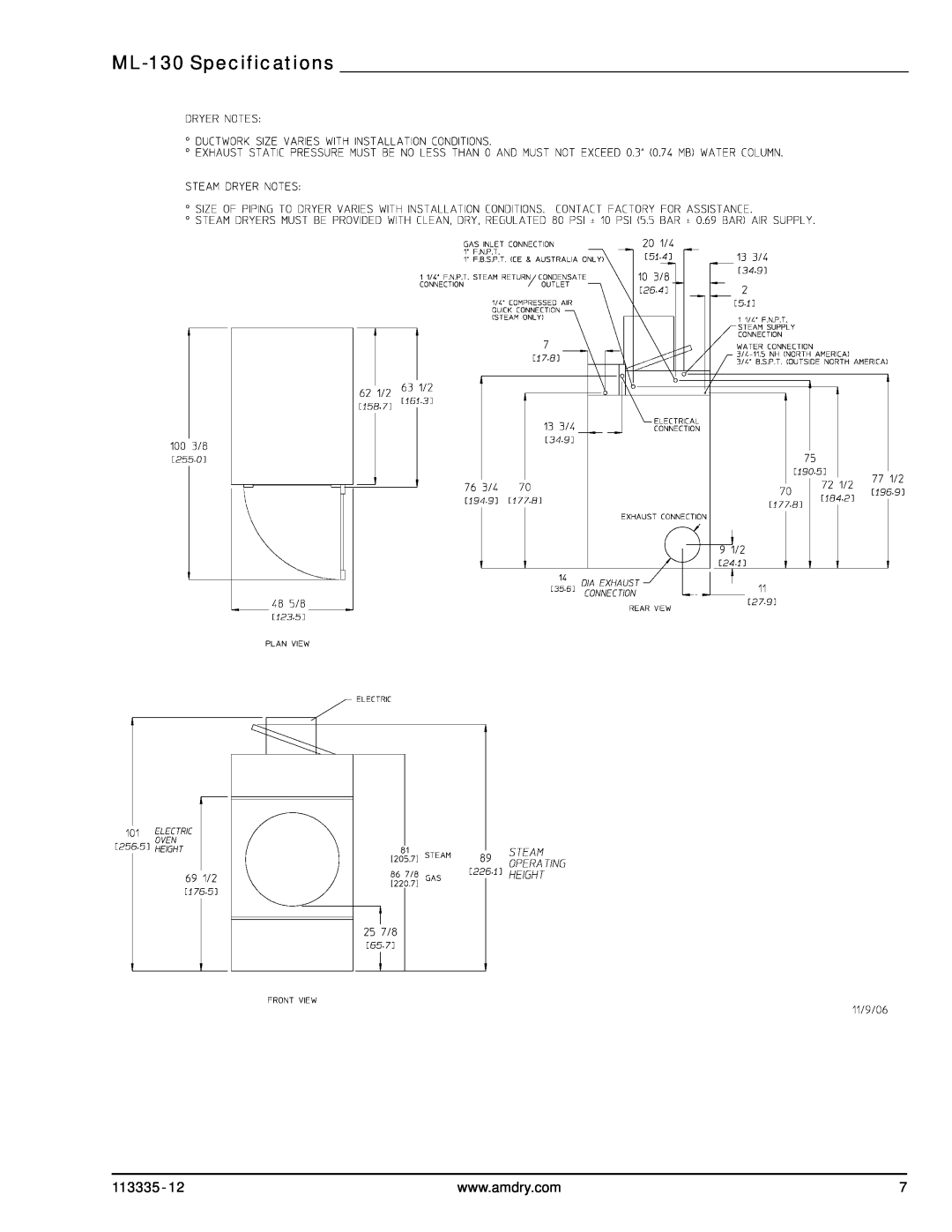 American Dryer Corp ML-130DR, ML-130 III installation manual ML-130 Specifications 