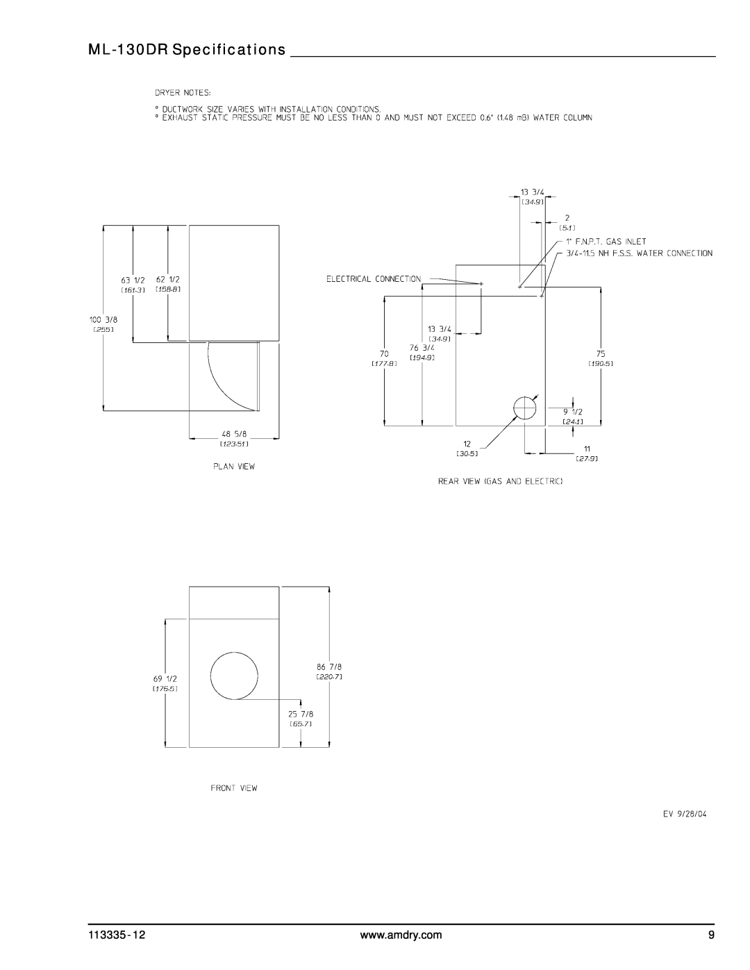 American Dryer Corp ML-130 III installation manual ML-130DR Specifications 