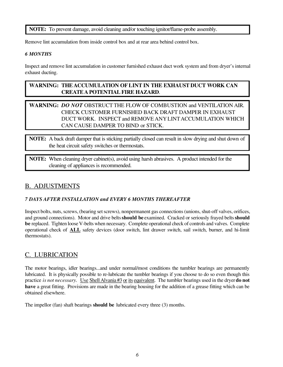 American Dryer Corp ML-170, ML-145 service manual Adjustments, Lubrication 