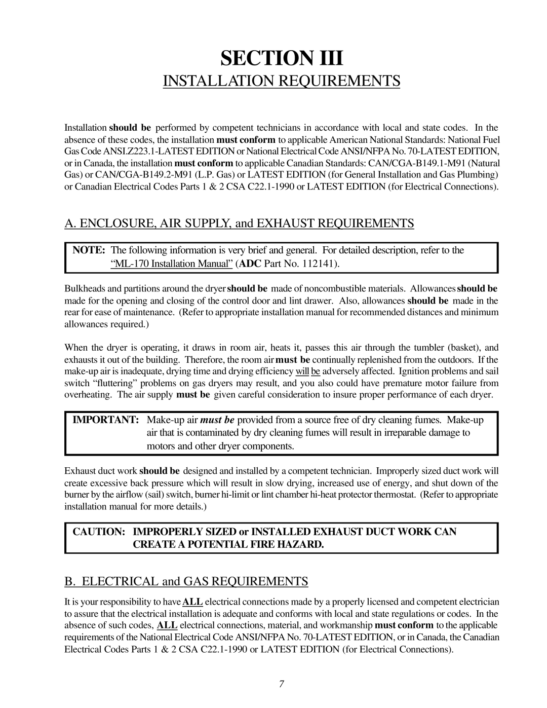 American Dryer Corp ML-145, ML-170 service manual Installation Requirements, ENCLOSURE, AIR SUPPLY, and Exhaust Requirements 