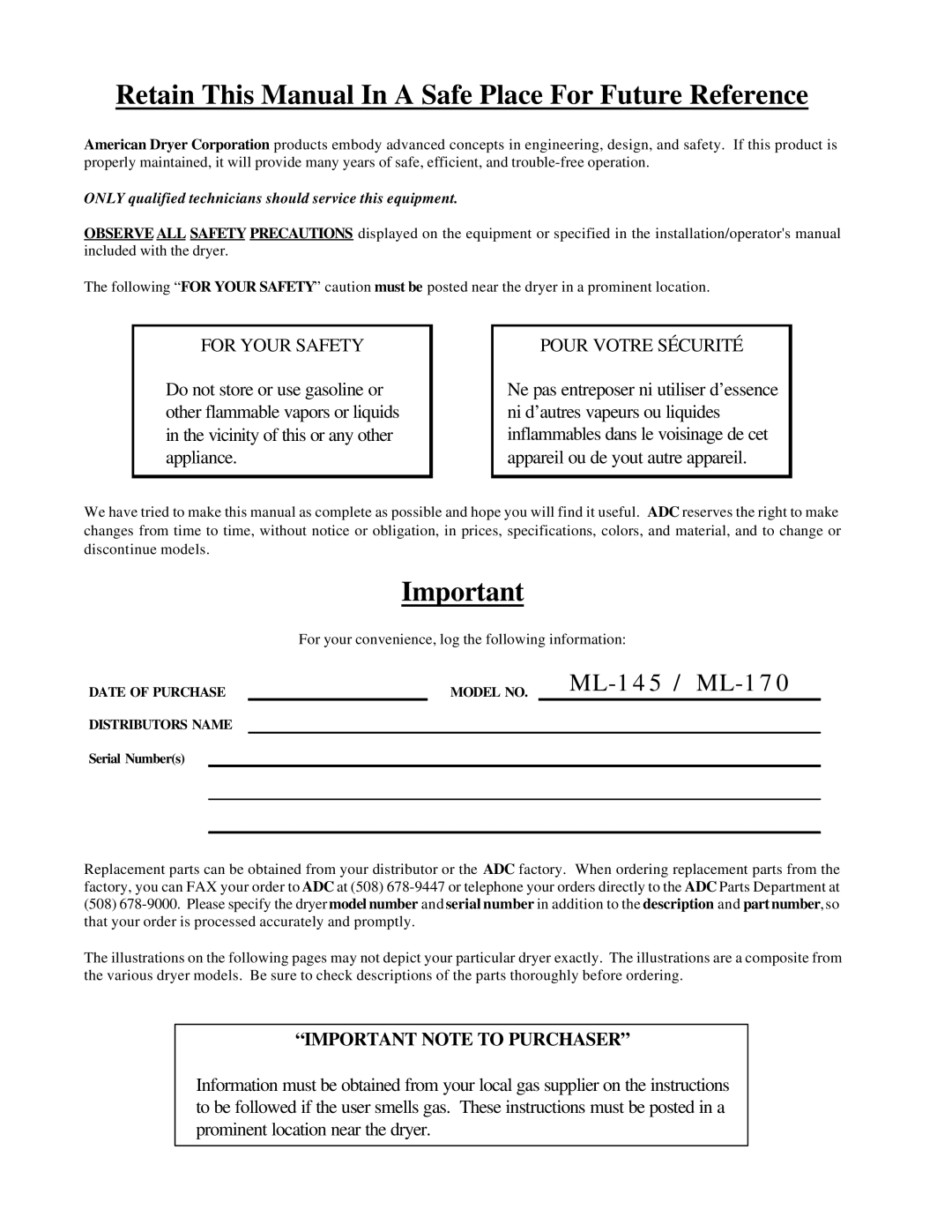 American Dryer Corp ML-170, ML-145 service manual Retain This Manual In a Safe Place For Future Reference 