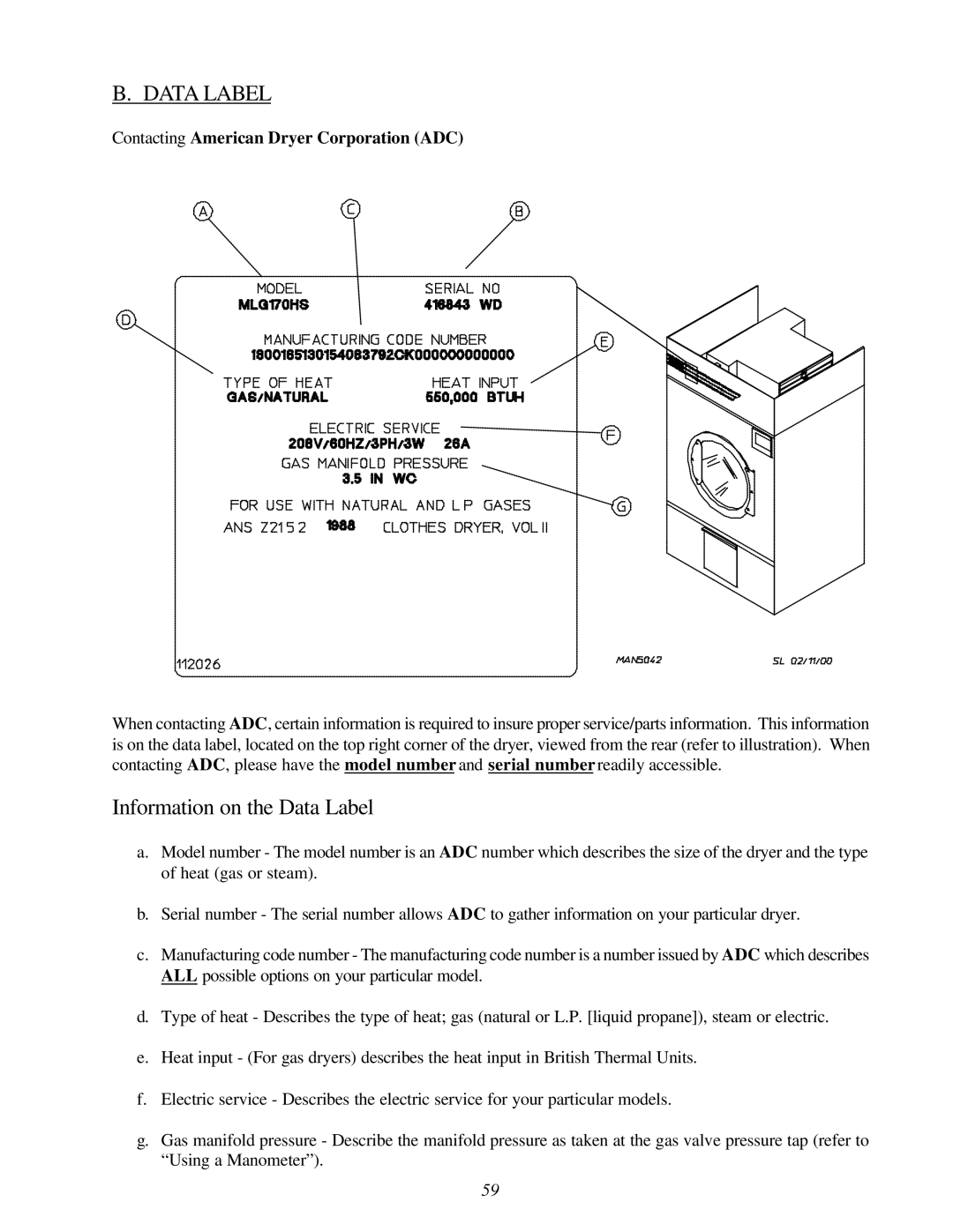 American Dryer Corp ML-145, ML-170 service manual Information on the Data Label 