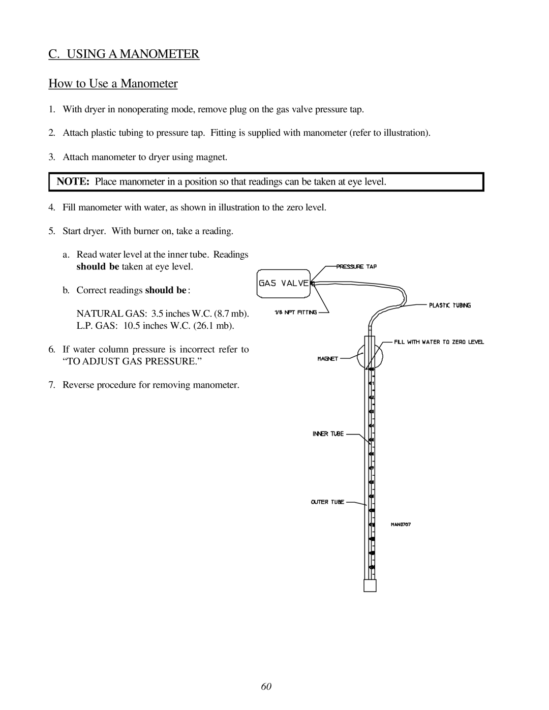 American Dryer Corp ML-170, ML-145 service manual Using a Manometer, How to Use a Manometer 