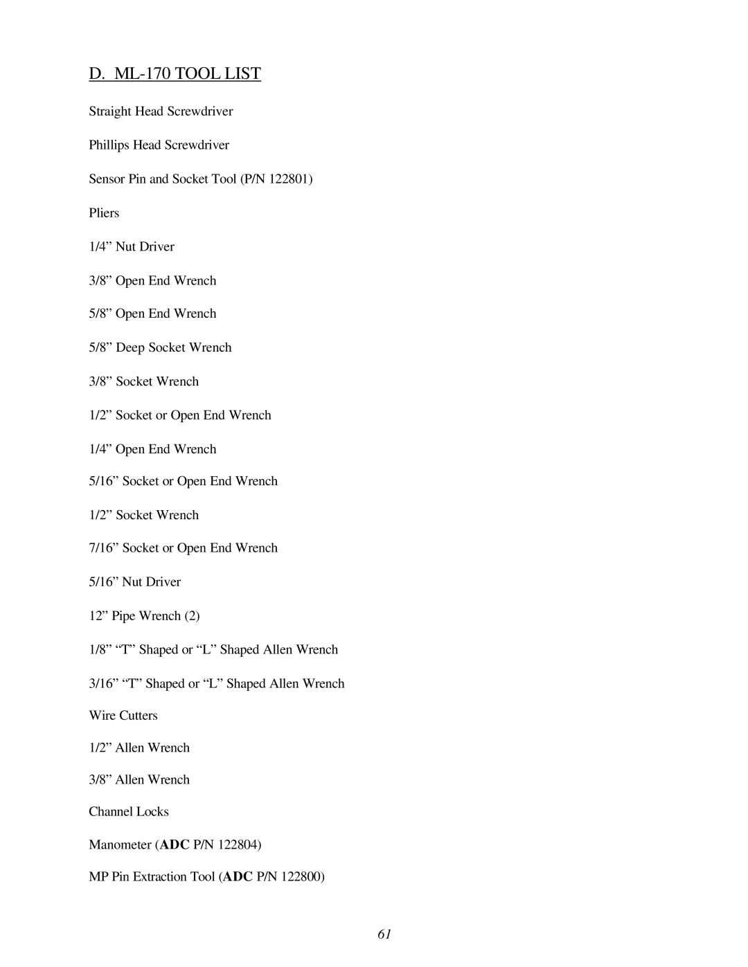 American Dryer Corp ML-145 service manual ML-170 Tool List 