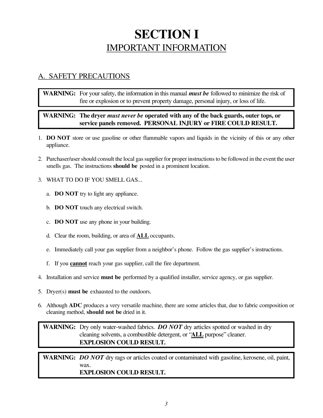 American Dryer Corp ML-145, ML-170 service manual Important Information, Safety Precautions 