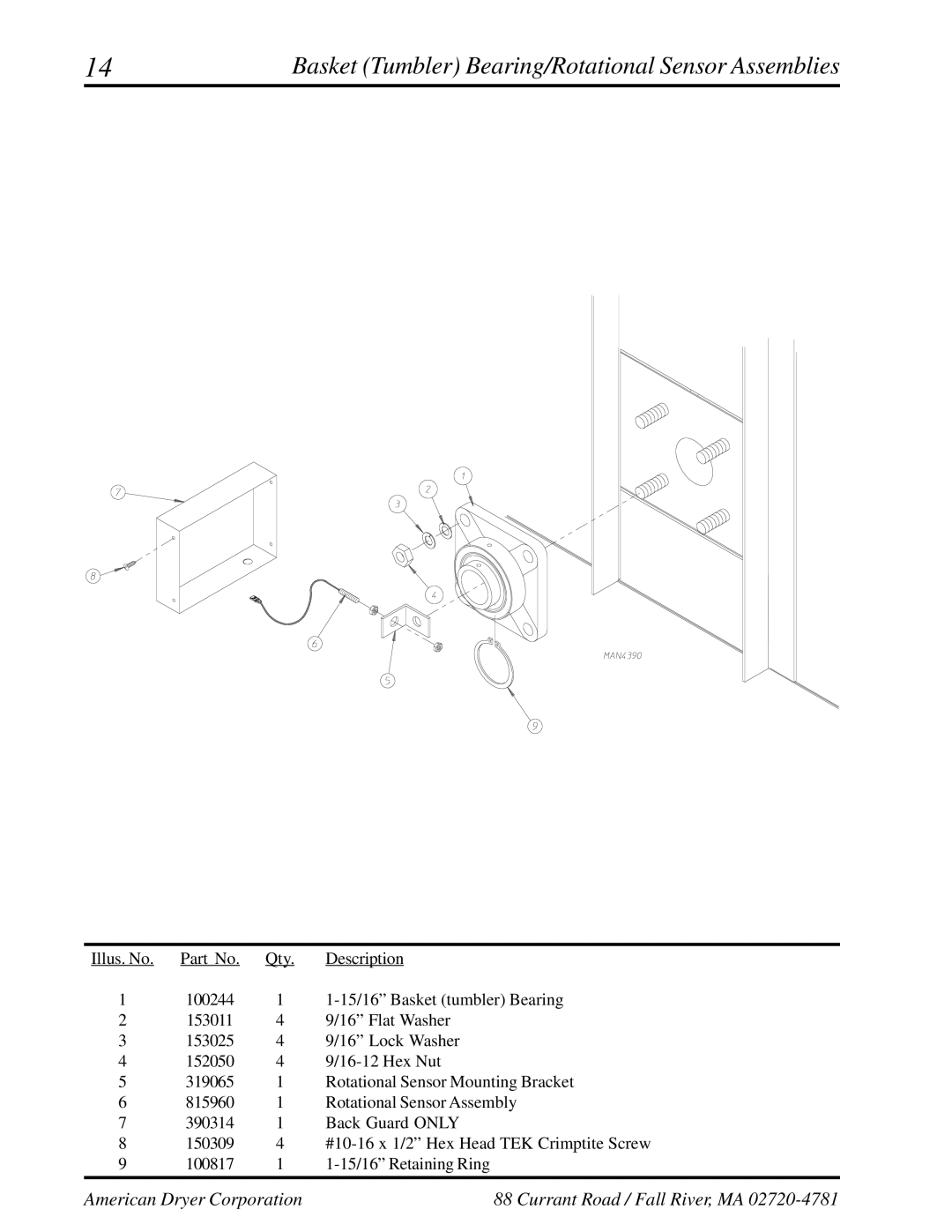 American Dryer Corp ML-175 manual Basket Tumbler Bearing/Rotational Sensor Assemblies 