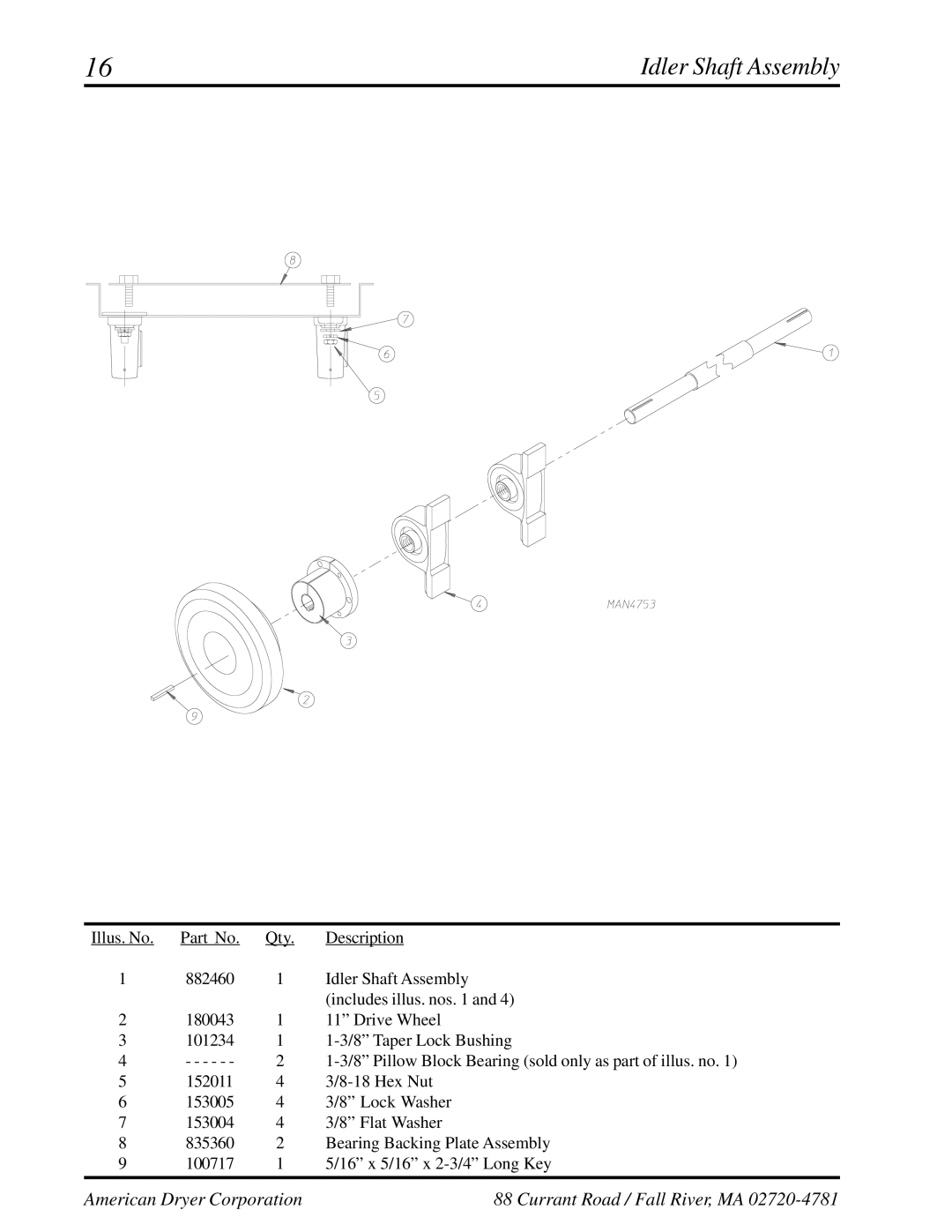 American Dryer Corp ML-175 manual Idler Shaft Assembly 