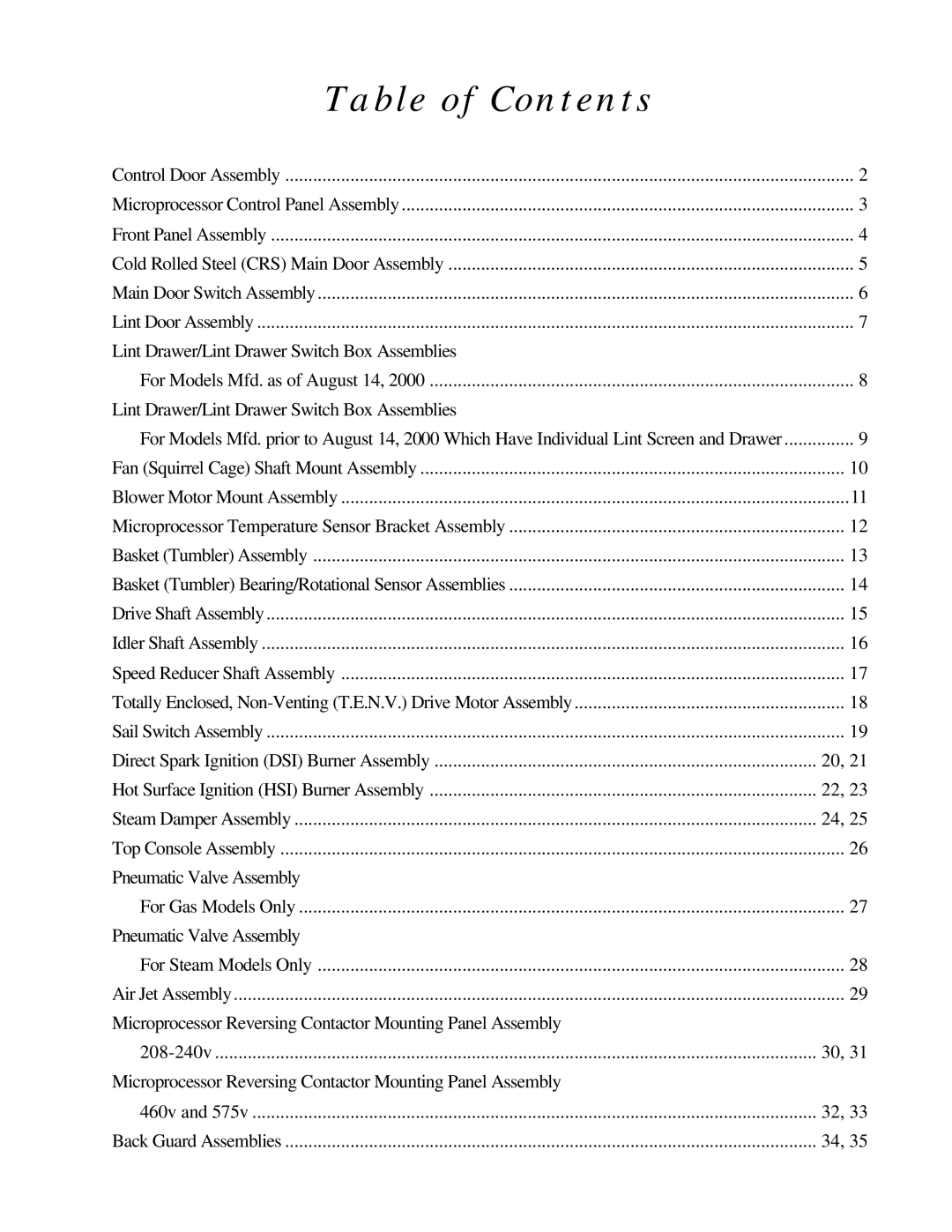 American Dryer Corp ML-175 manual Table of Contents 