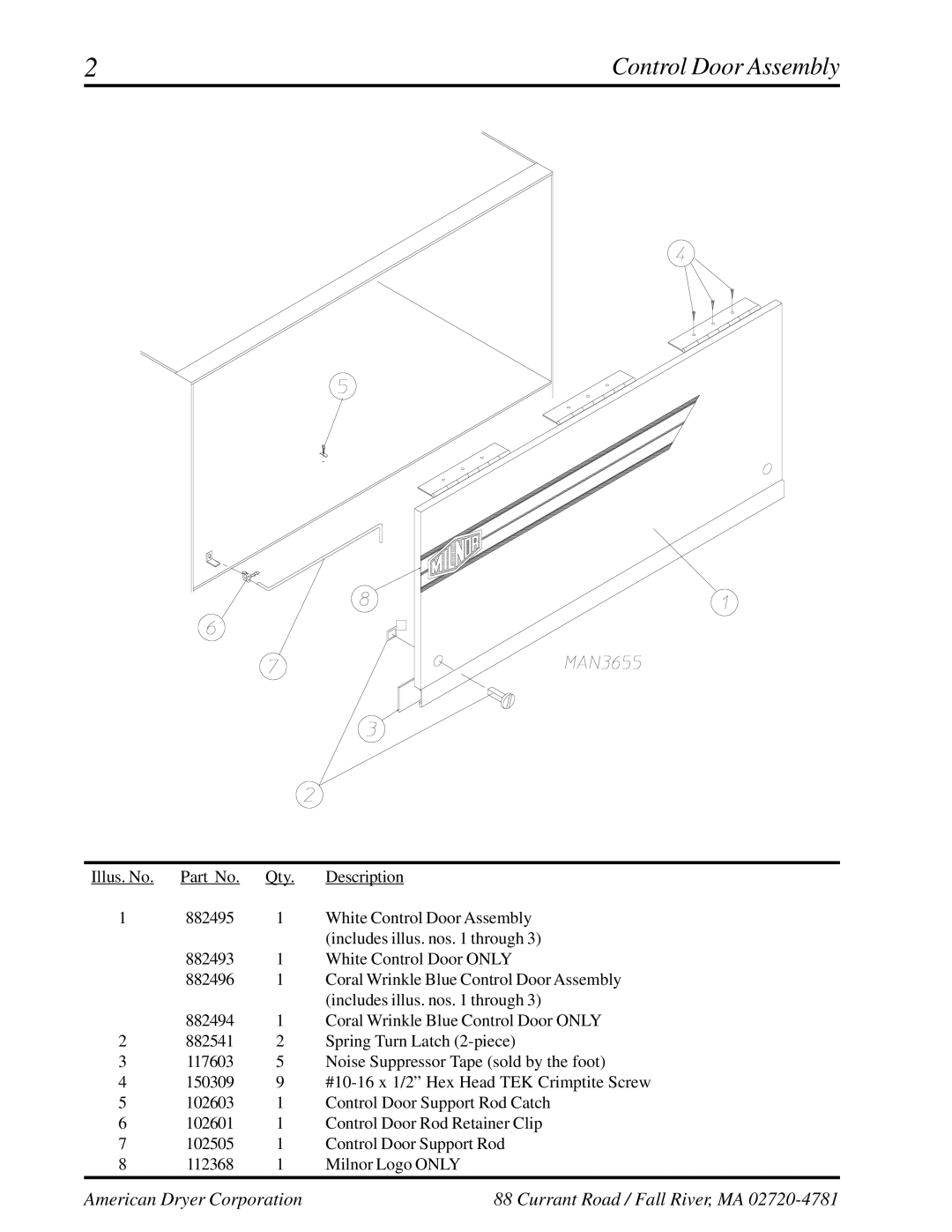 American Dryer Corp ML-175 manual Control Door Assembly 