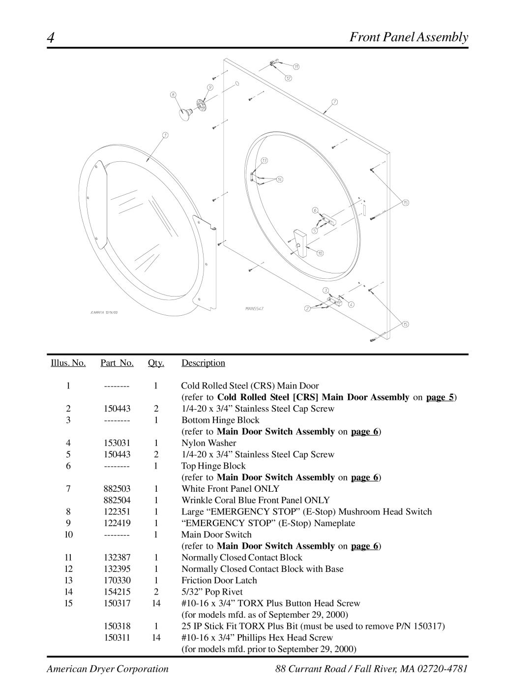 American Dryer Corp ML-175 manual Front Panel Assembly 