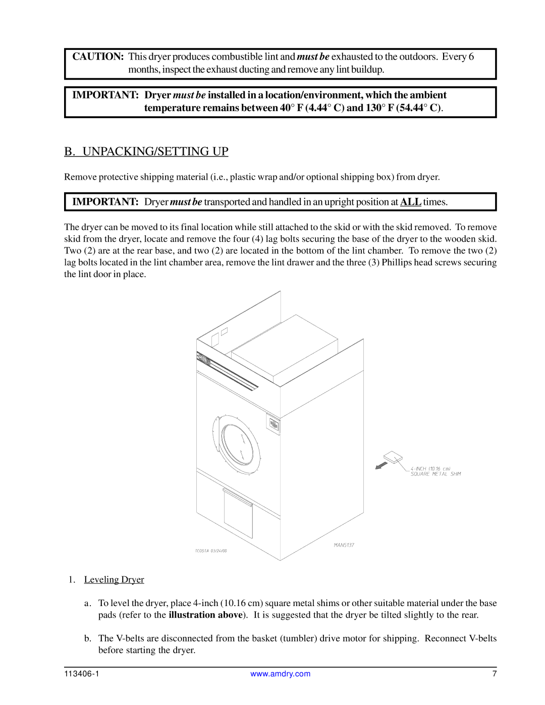 American Dryer Corp ML-175DR installation manual Unpacking/Setting Up 