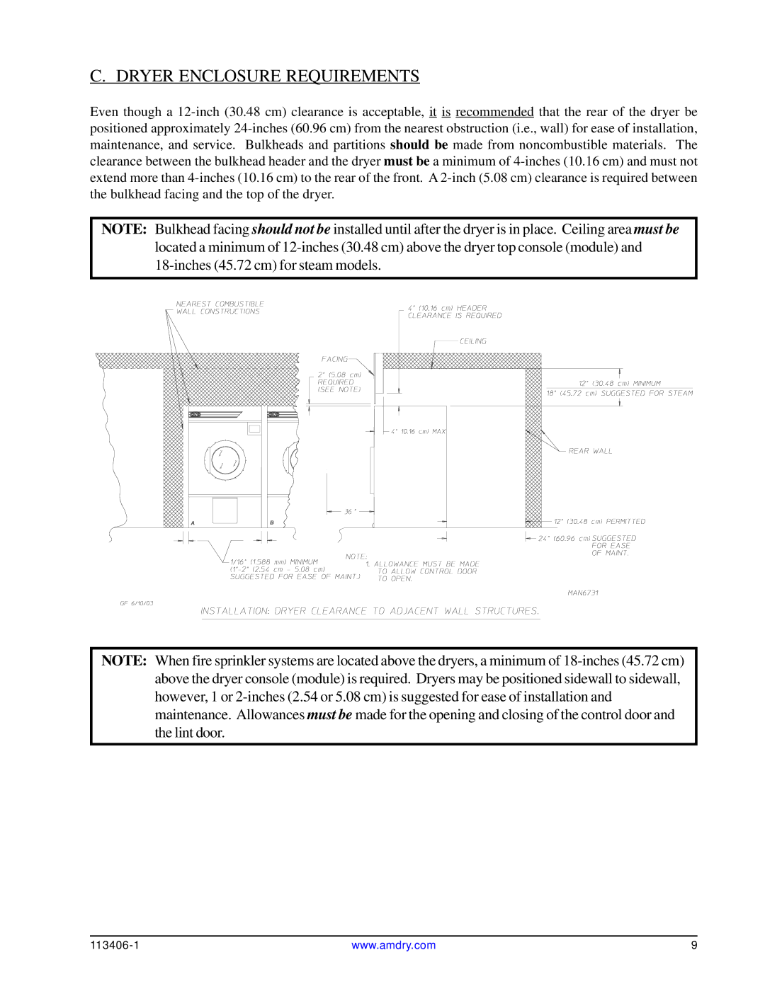 American Dryer Corp ML-175DR installation manual Dryer Enclosure Requirements 