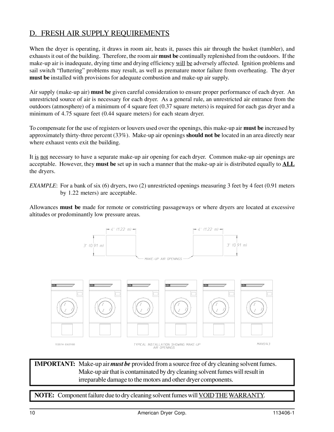 American Dryer Corp ML-175DR installation manual Fresh AIR Supply Requirements 