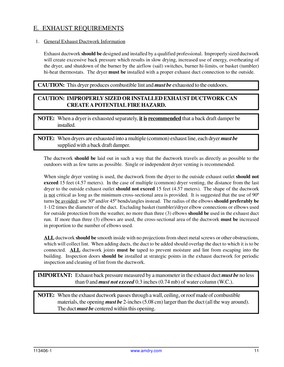 American Dryer Corp ML-175DR installation manual Exhaust Requirements, General Exhaust Ductwork Information 