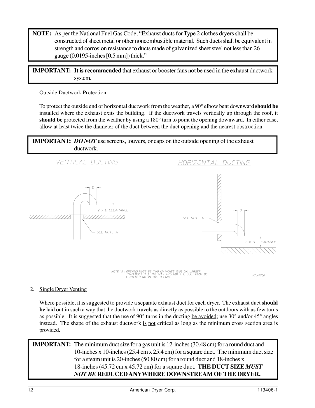 American Dryer Corp ML-175DR installation manual Not be Reduced Anywhere Downstream of the Dryer 