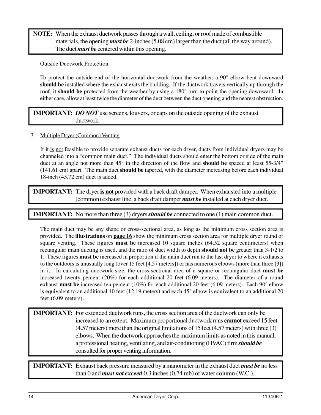 American Dryer Corp ML-175DR installation manual Outside Ductwork Protection 