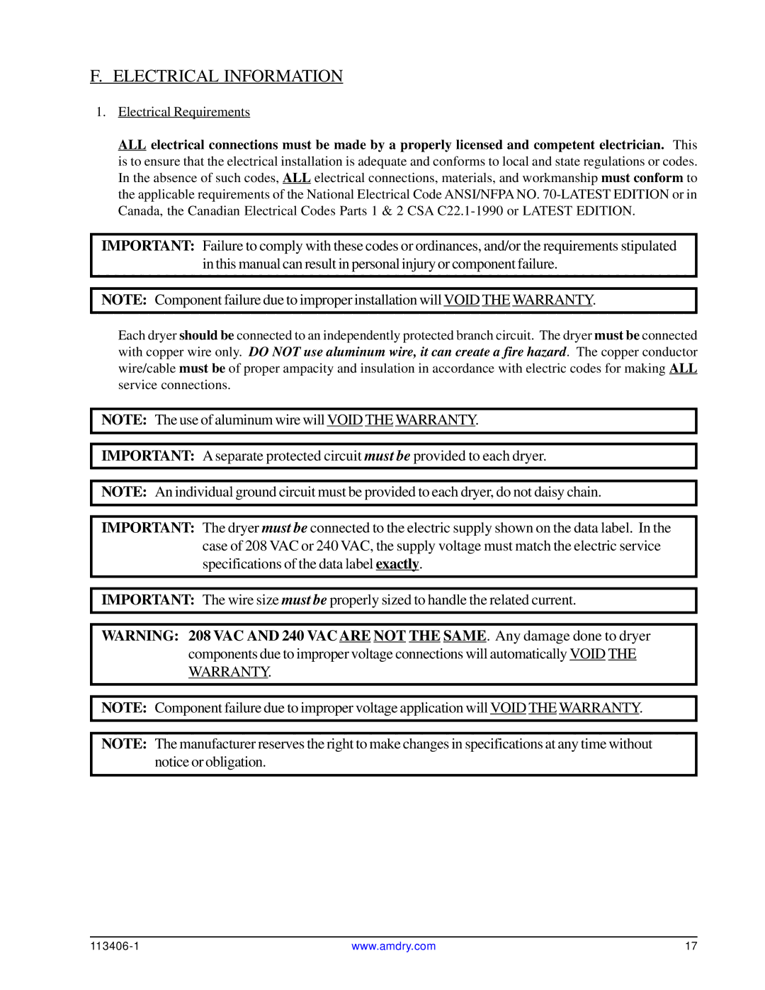 American Dryer Corp ML-175DR installation manual Electrical Information, Electrical Requirements 