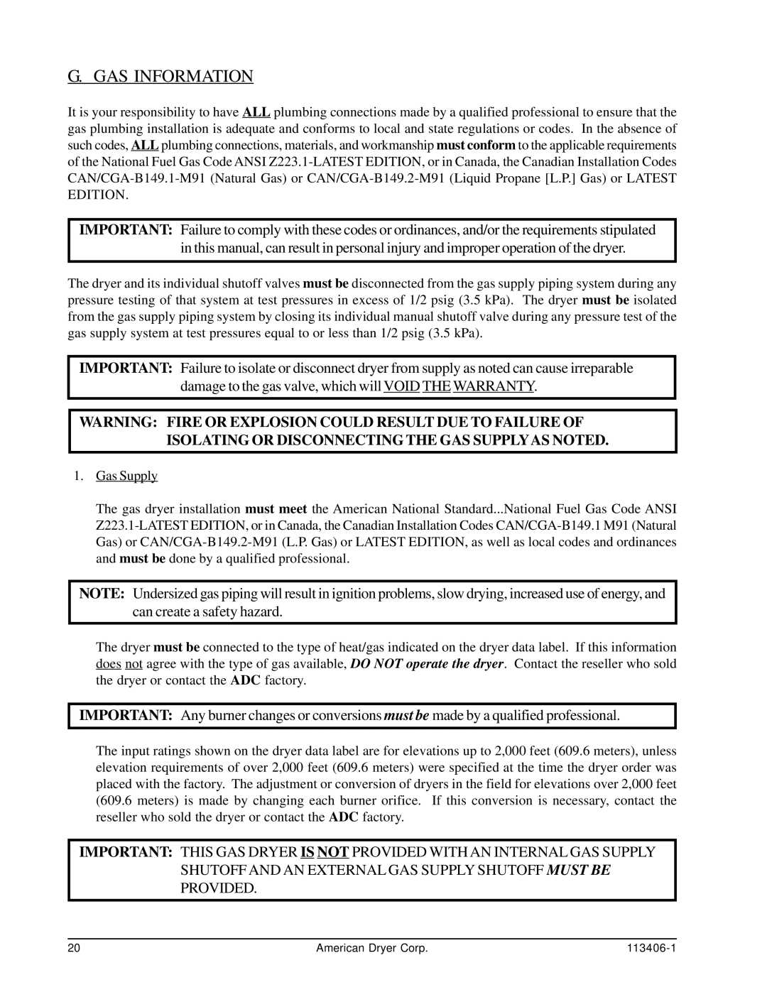 American Dryer Corp ML-175DR installation manual GAS Information 