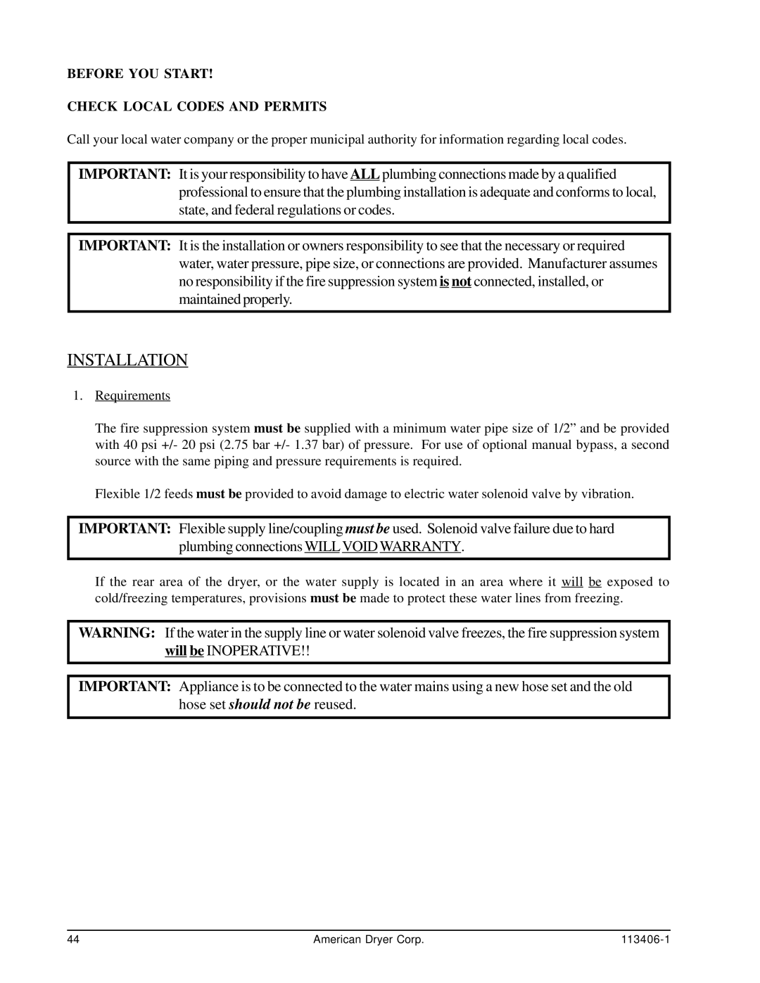 American Dryer Corp ML-175DR installation manual Installation, Before YOU Start Check Local Codes and Permits 