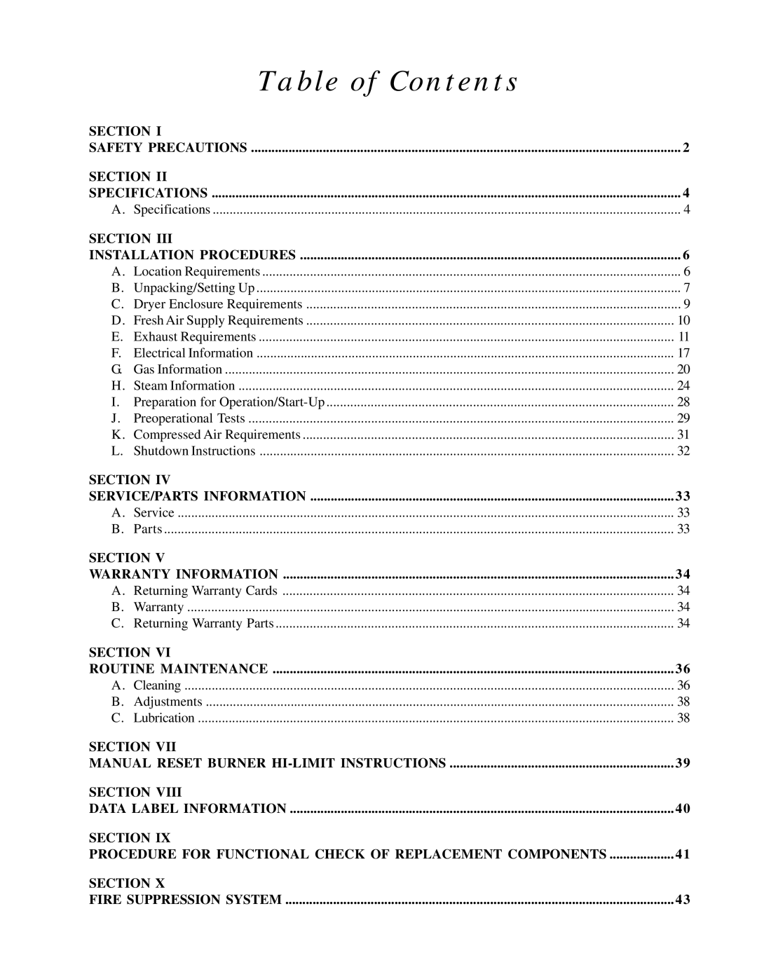 American Dryer Corp ML-175DR installation manual Table of Contents 