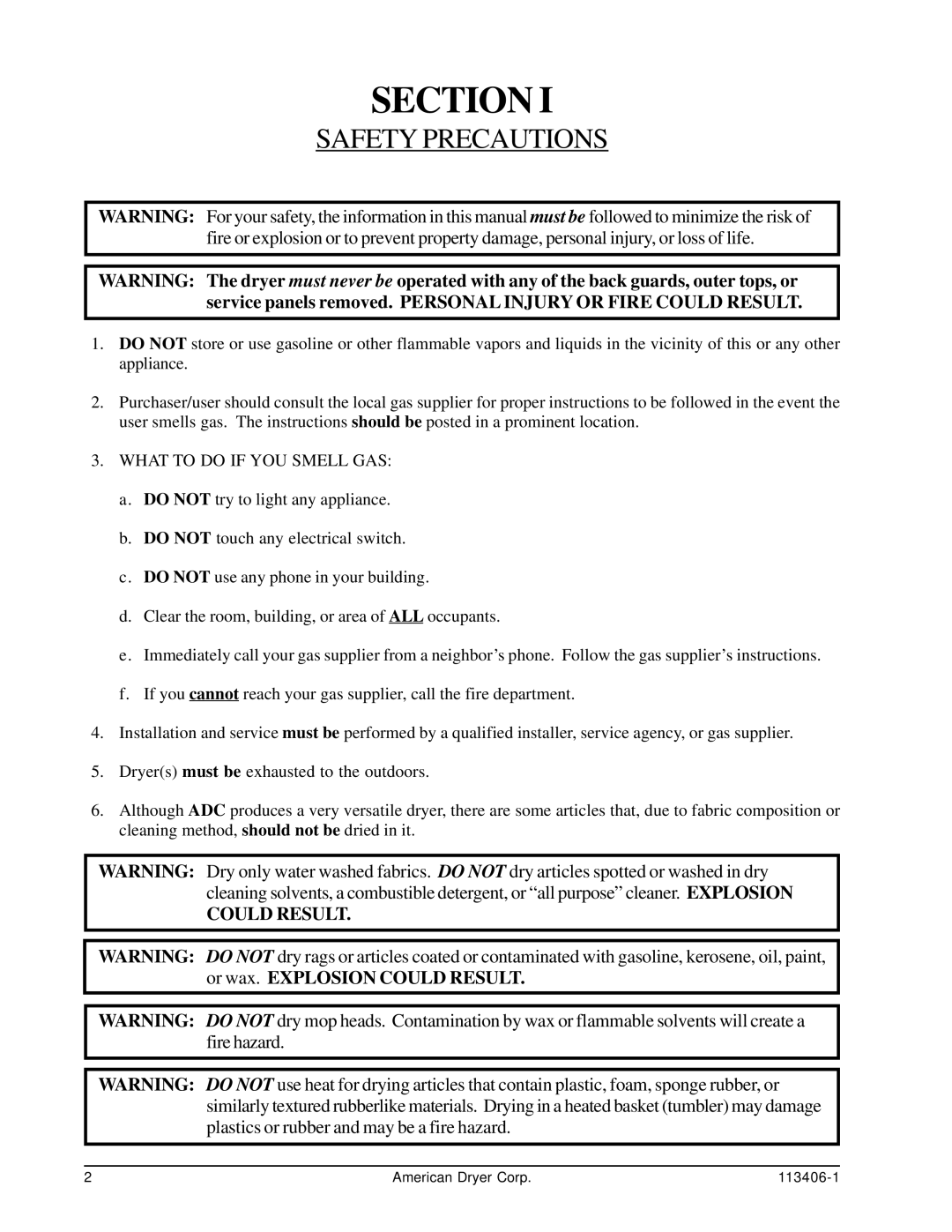 American Dryer Corp ML-175DR installation manual Section, Safety Precautions 