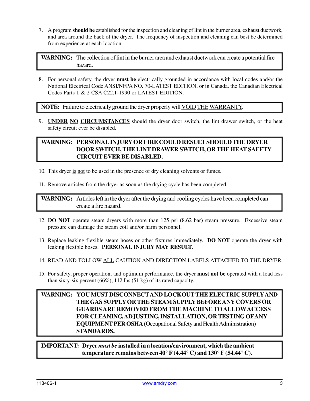 American Dryer Corp ML-175DR installation manual Standards 