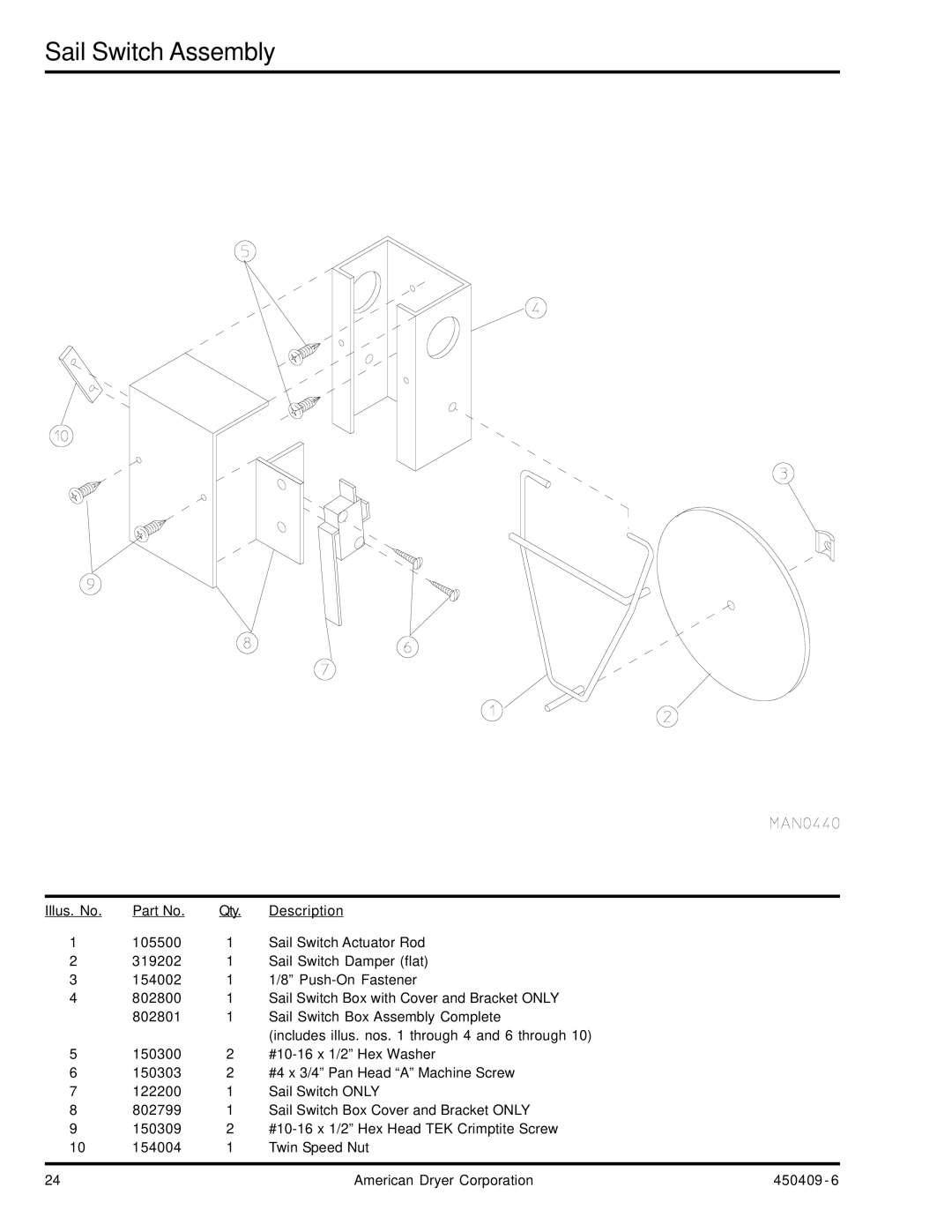 American Dryer Corp ML-190 manual Sail Switch Assembly 