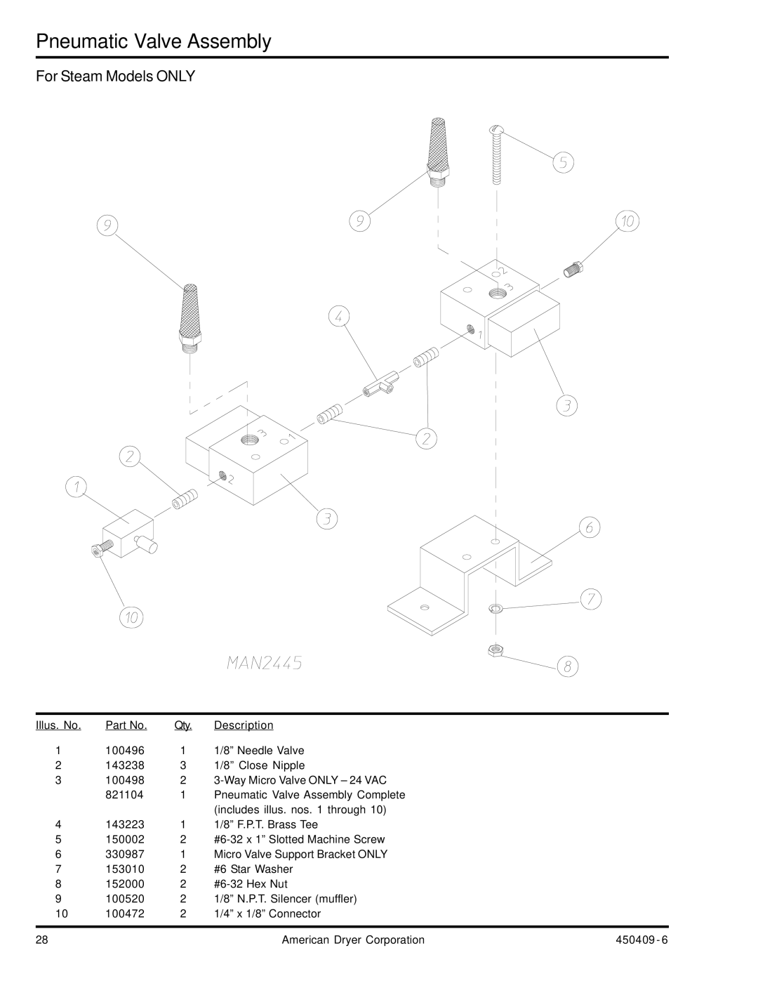 American Dryer Corp ML-190 manual For Steam Models only 