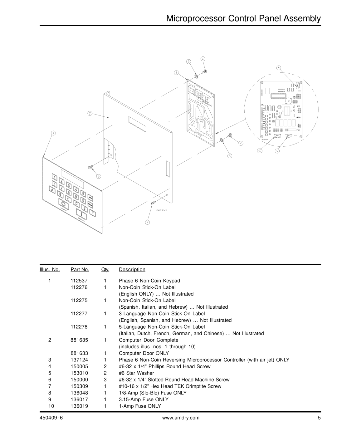 American Dryer Corp ML-190 manual Microprocessor Control Panel Assembly 