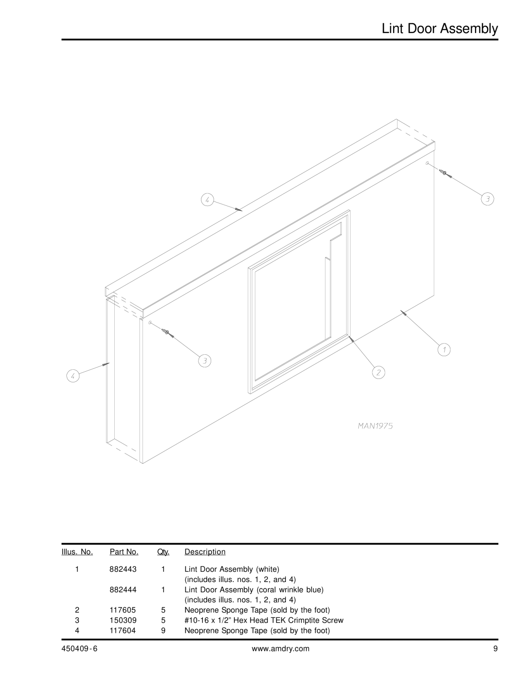 American Dryer Corp ML-190 manual Lint Door Assembly 