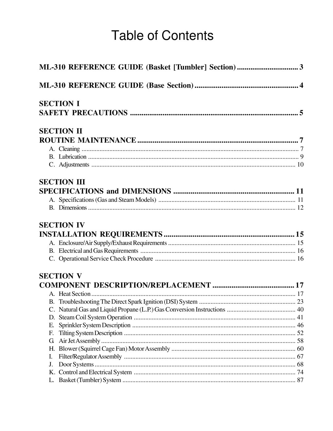 American Dryer Corp ML-310 Phase 7 service manual Table of Contents 