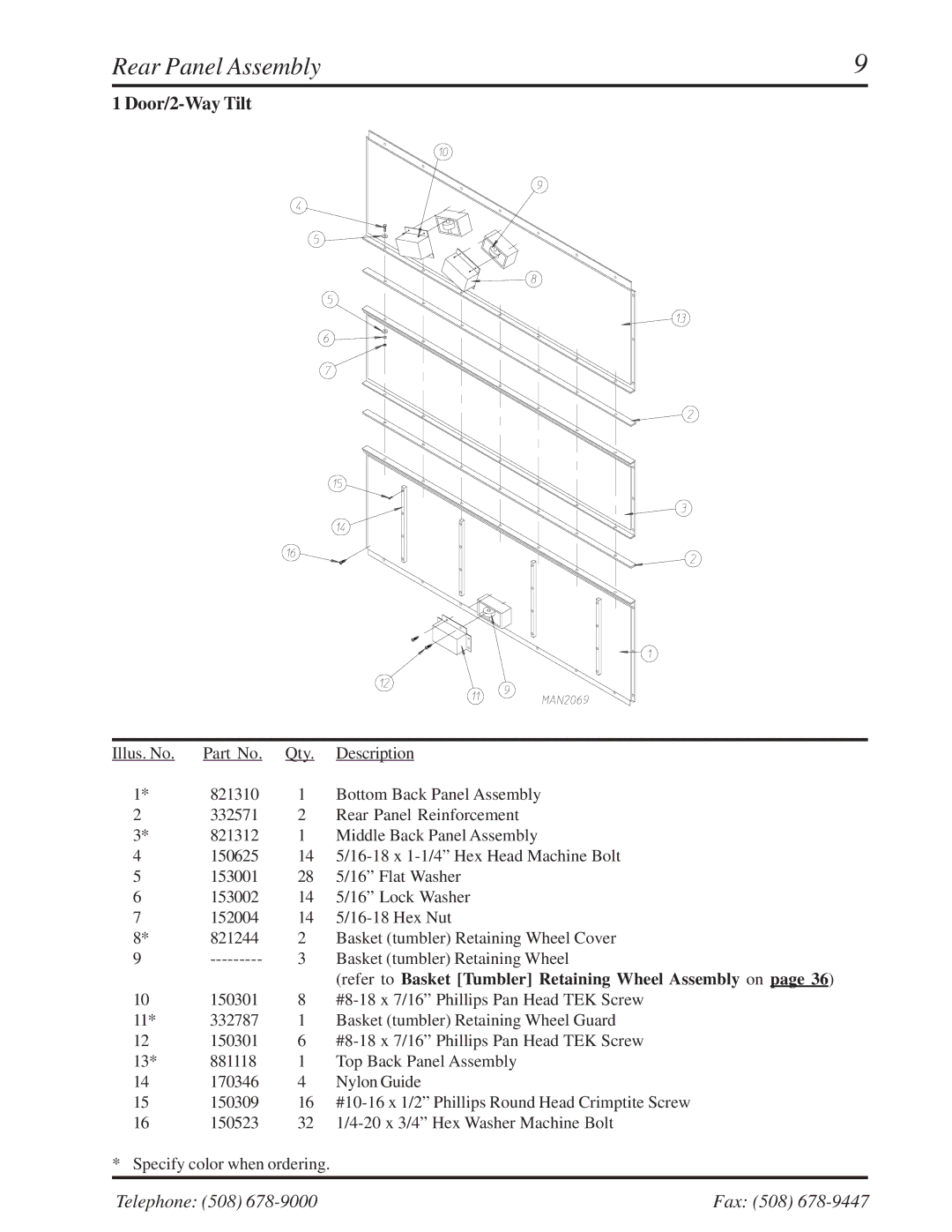 American Dryer Corp ML-310 manual Rear Panel Assembly, Door/2-Way Tilt 