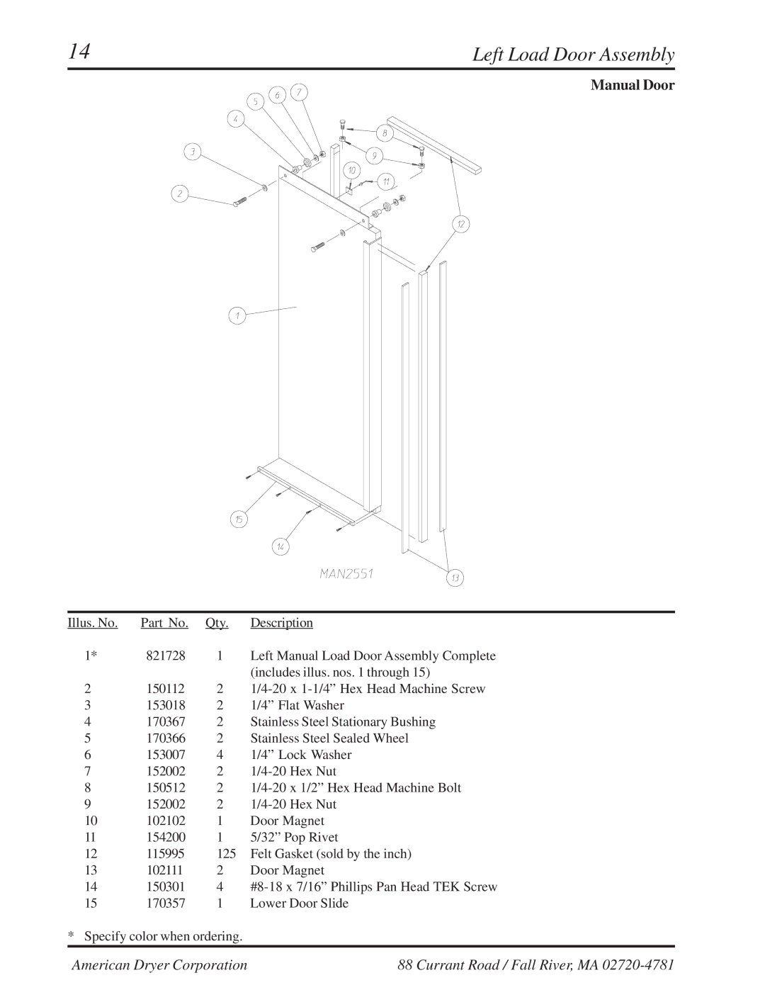 American Dryer Corp ML-310 manual Left Load Door Assembly 