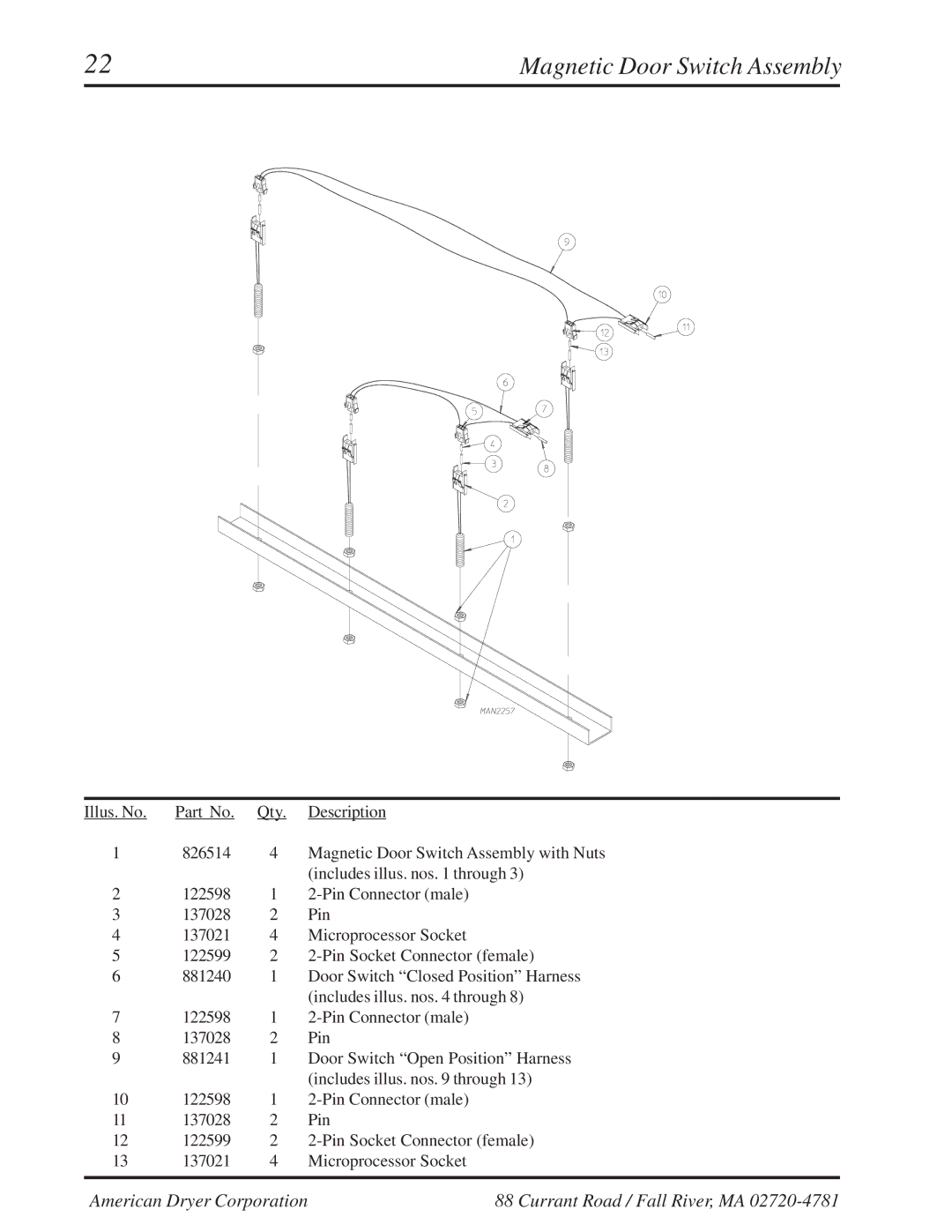 American Dryer Corp ML-310 manual Magnetic Door Switch Assembly 