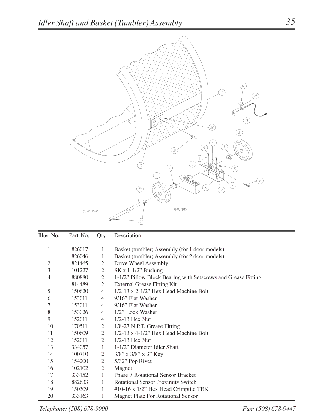 American Dryer Corp ML-310 manual Idler Shaft and Basket Tumbler Assembly 