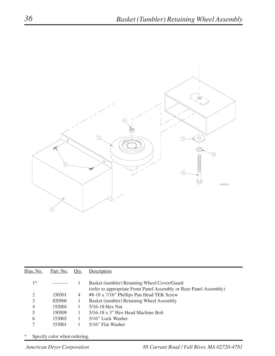 American Dryer Corp ML-310 manual Basket Tumbler Retaining Wheel Assembly 