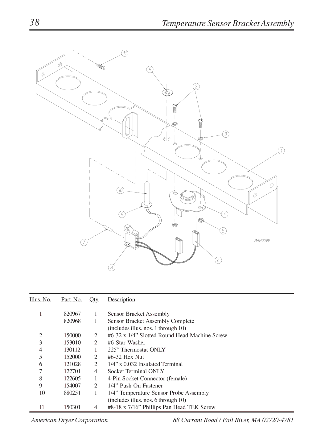 American Dryer Corp ML-310 manual Temperature Sensor Bracket Assembly 