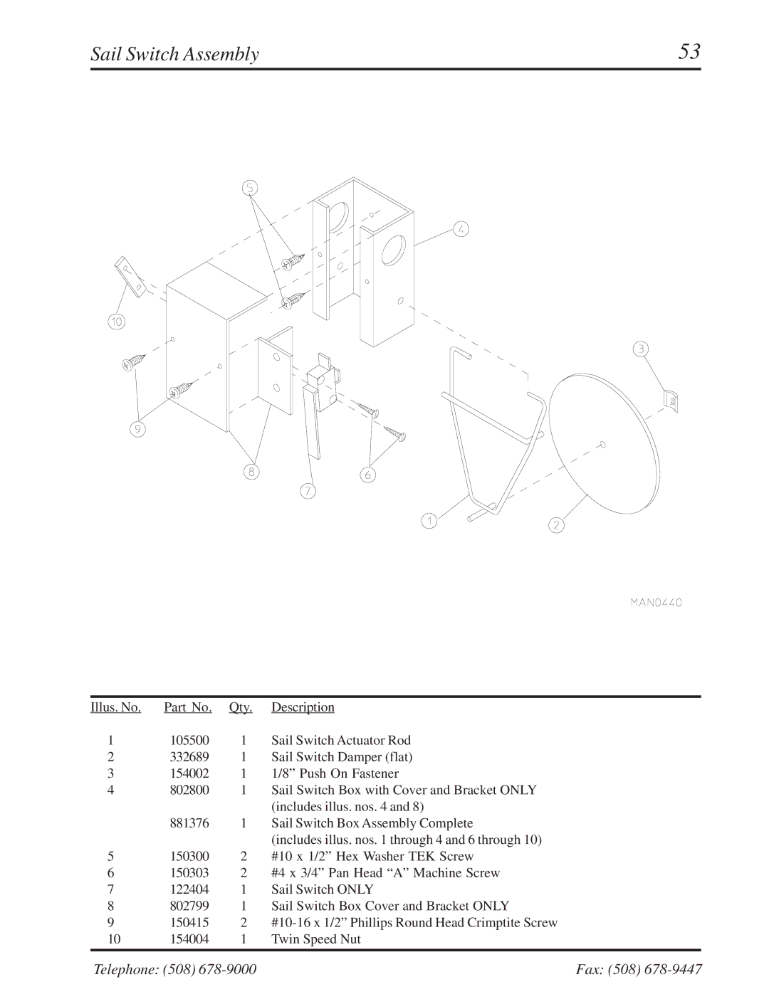 American Dryer Corp ML-310 manual Sail Switch Assembly 